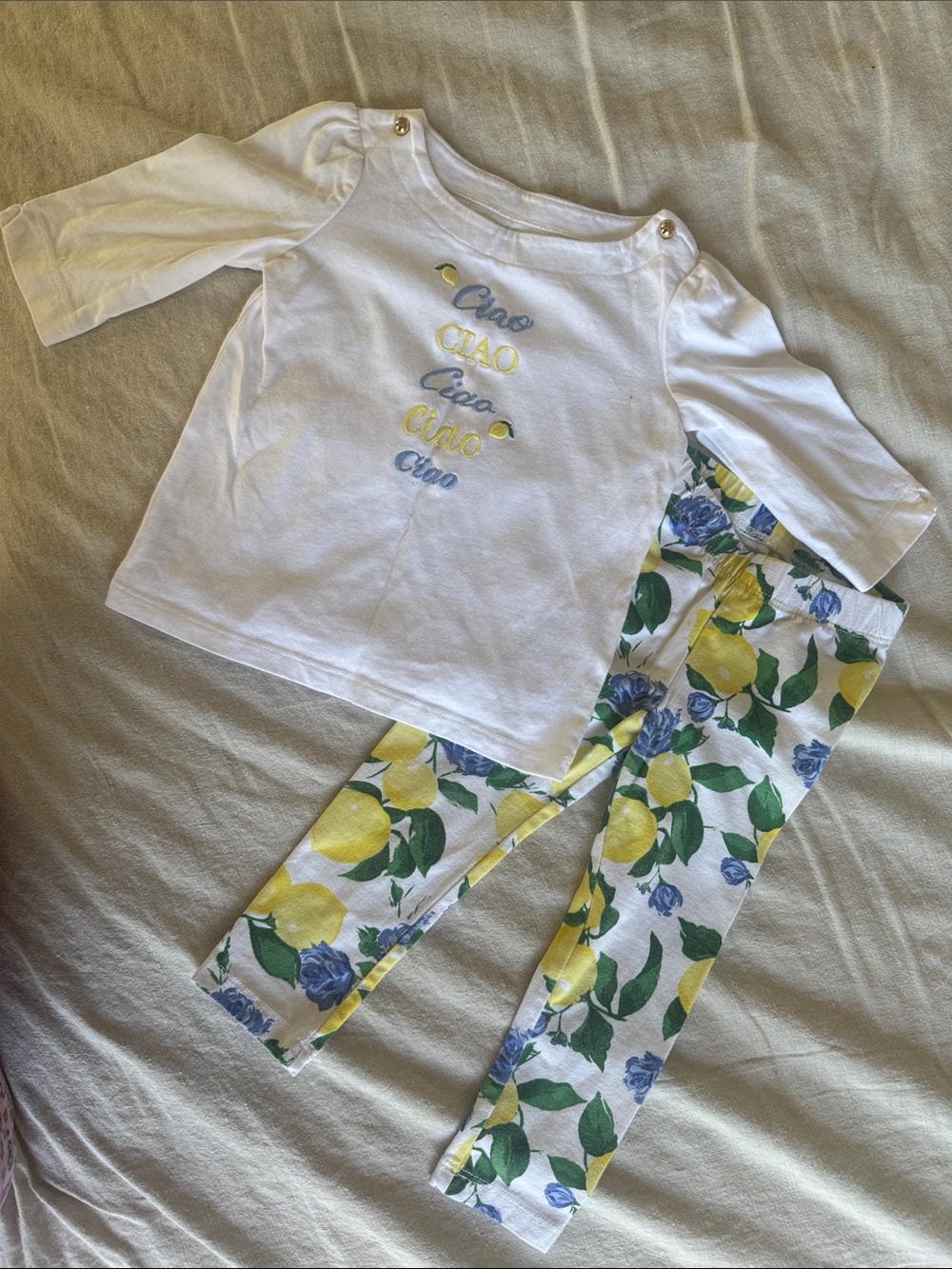 Janie and Jack White Top with Yellow Lemon & Blue Floral Leggings Pajama Set